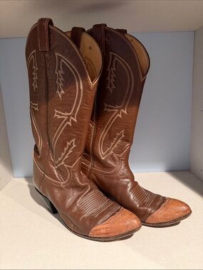 Tony Lama Brown Leather Western Cowboy Boots with Tan Toe